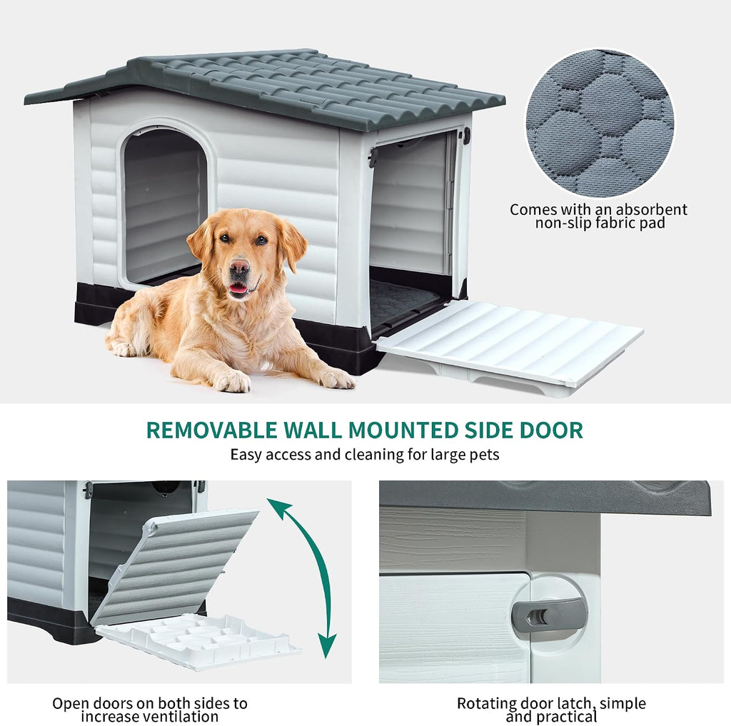 2-Door Large Dog House with Elevated Base & Cushion, Weather-Resistance Dog Bed House for Indoor/Outdoor Use, Easy