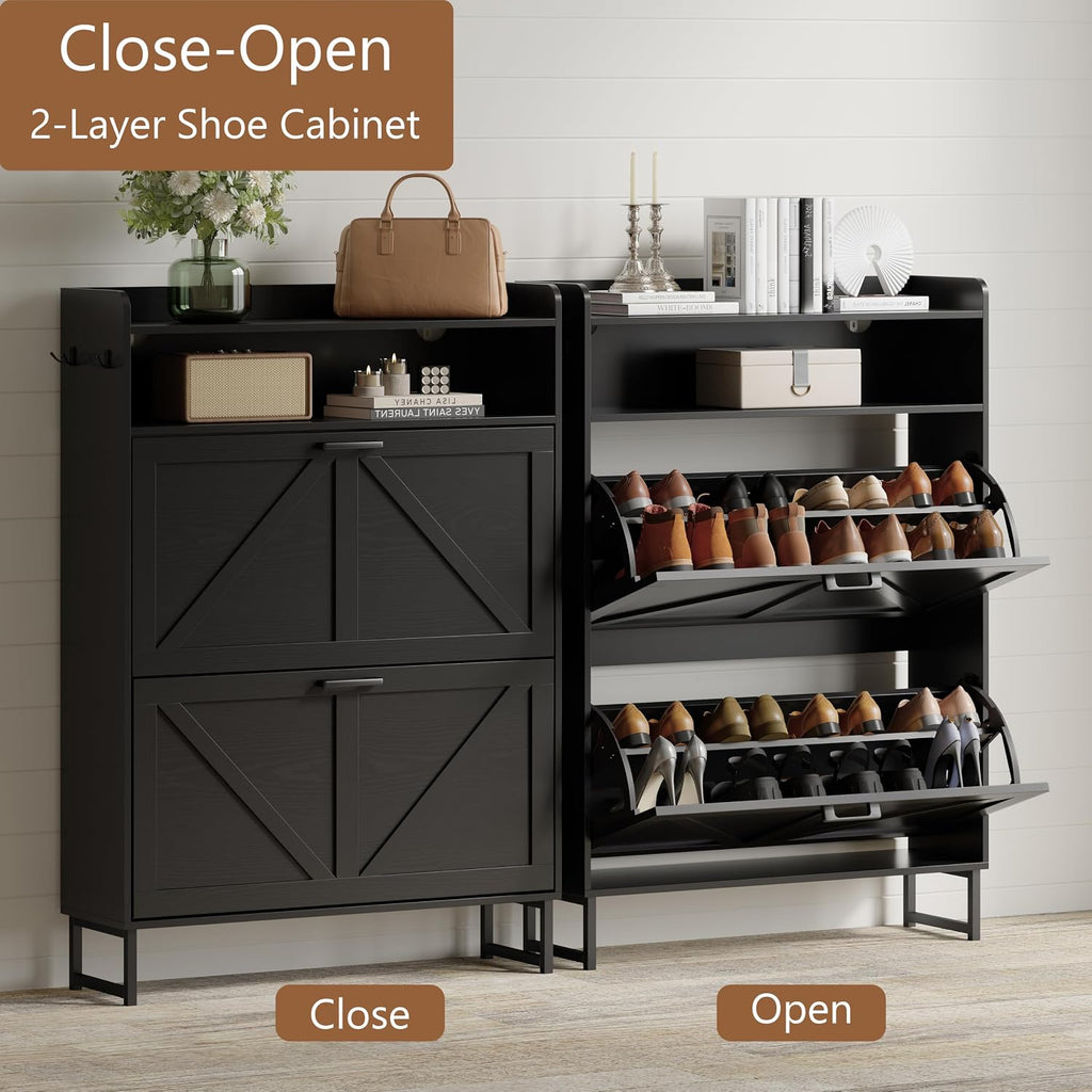 Shoe Cabinet with 2 Flip Drawers, Freestanding Hidden Shoe Storage Organizer , Narrow Slim Shoe Rack Cabinet with