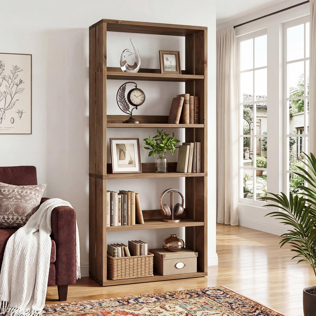 Solid Wood Bookshelf, 5-Tier Farmhouse Bookcase with Storage