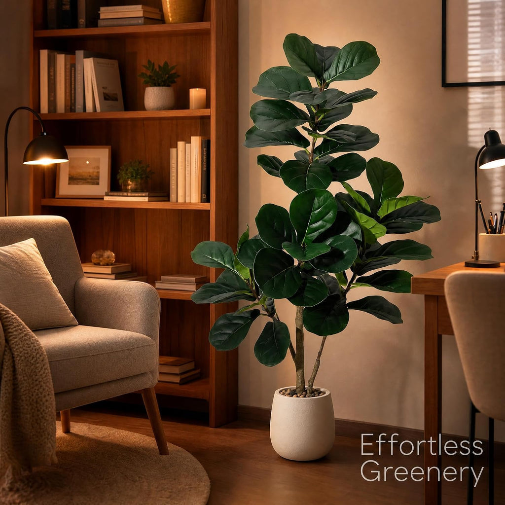 4 ft Artificial Fiddle Leaf Fig Tree, Realistic Faux Ficus Lyrata with 48 Leaves, PE & PVC Potted Floor Plant Living