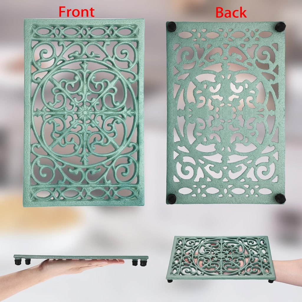 Cast Iron Trivet,9.6 x 6.3 Inch Metal Trivets with Rubber Feets,Heat Resistant Iron Trivets for Hot Dish Pot Pan