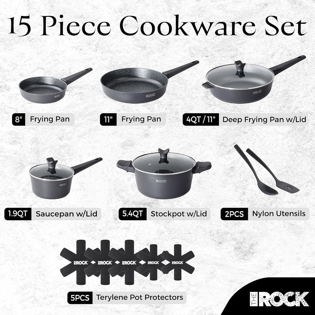 15Pcs Ceramic Cookware Set - Non toxic Pots and Pans Set Non Stick with ROCK.TEC - Nothing Sticks, Never Warps, Lasts