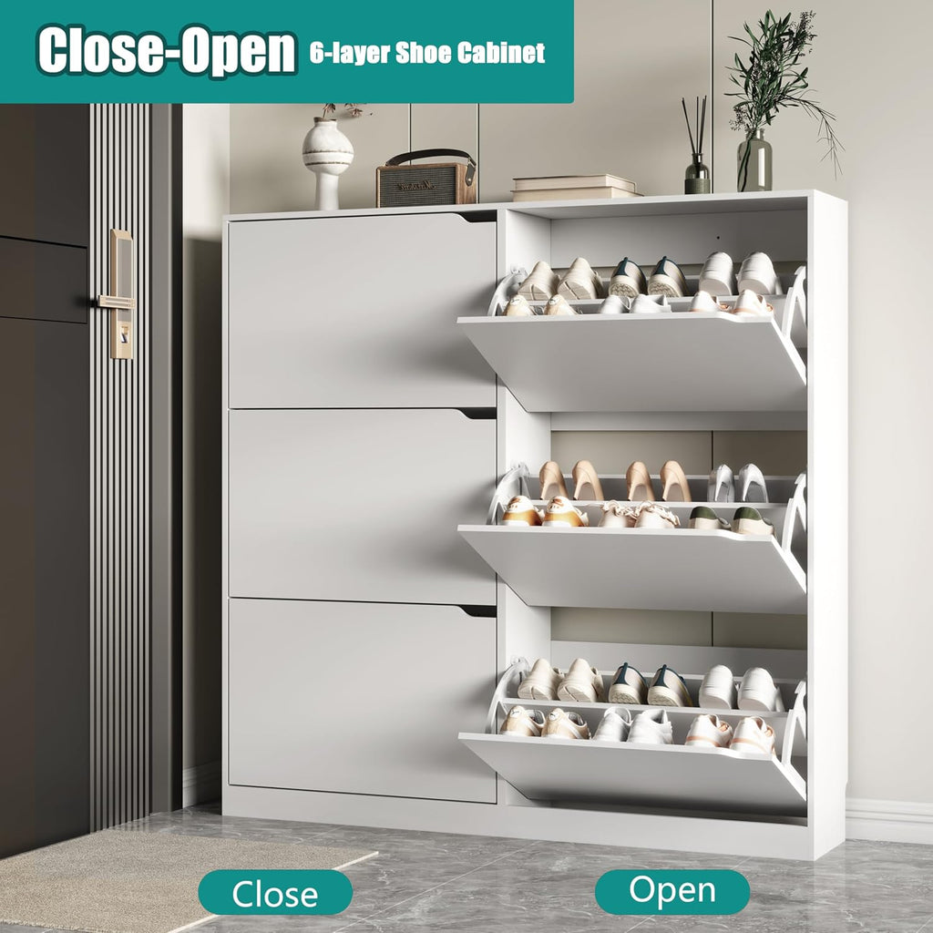 Shoe Storage Cabinet with 6 Flip Drawers, Sturdy Wood Hidden Shoe Storage, Freestanding Narrow Slim Shoe Organizer