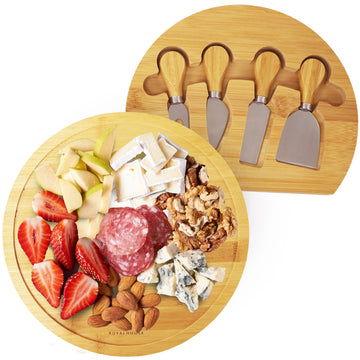 Bamboo Round Cheese Board and 4 Knives Set with Slide-Out Cutlery Drawer