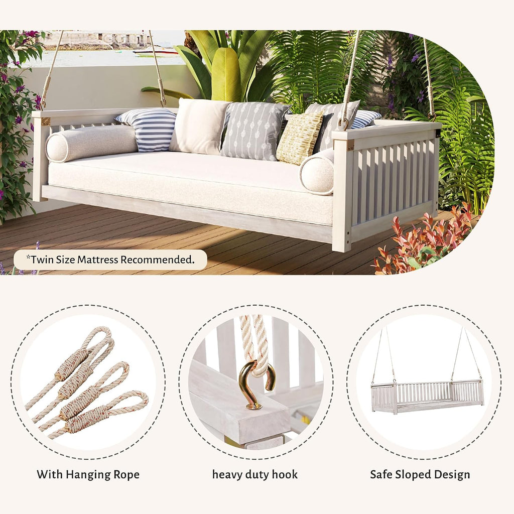 Wooden Porch Daybed Swing Bed for Adults, Outdoor Patio Hanging Swing Bench Chair for Garden, Backyard, Deck