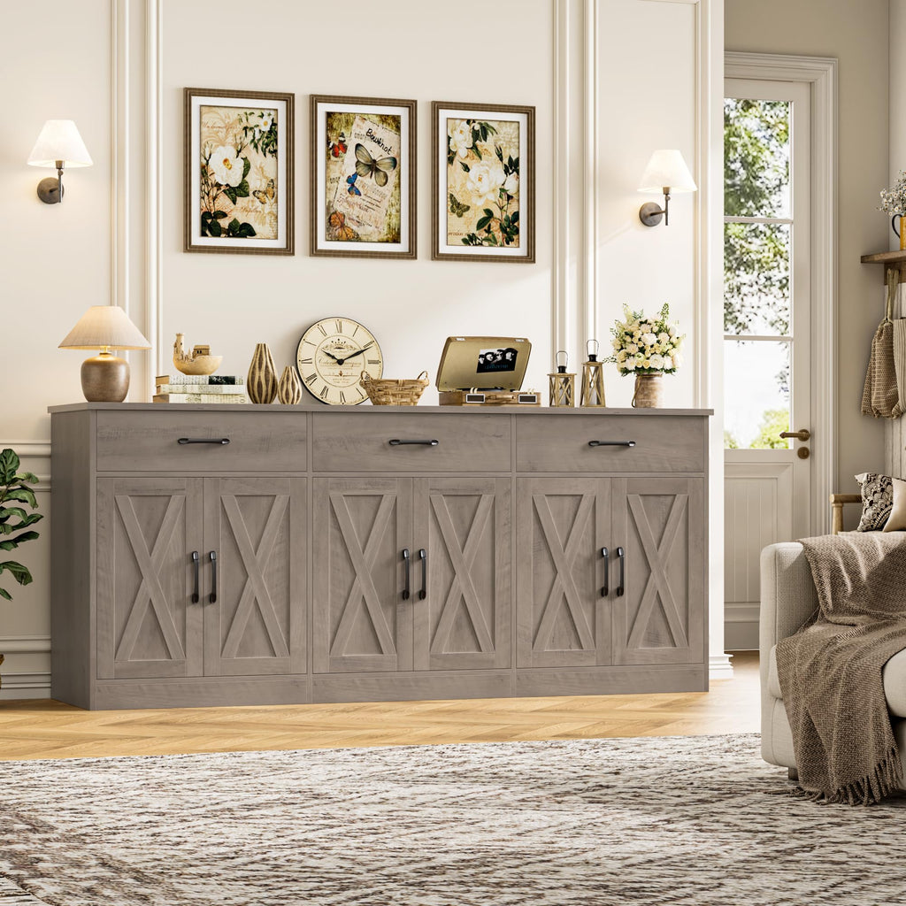71" W Farmhouse Kitchen Sideboard Buffet Cabinet with Storage, Grey