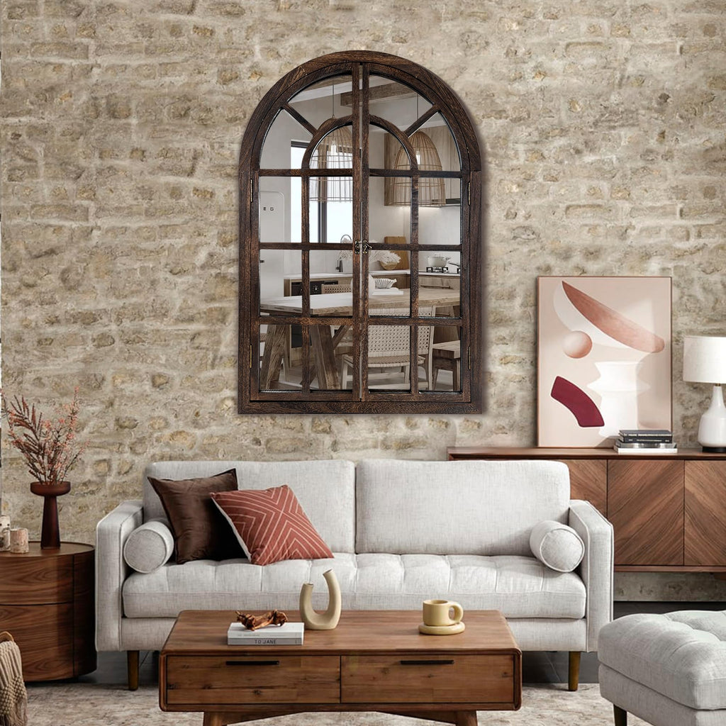 Arched Wall Mirror with Wood Window Pane Frame, 24 x 36 Inch, Brown