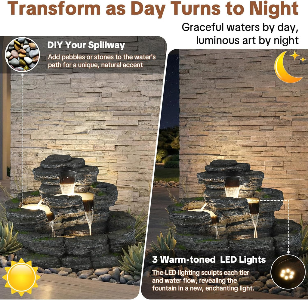 4-Tier Outdoor Water Fountain, 29.7" L Rustic Rock Waterfall Fountain with LED Lights