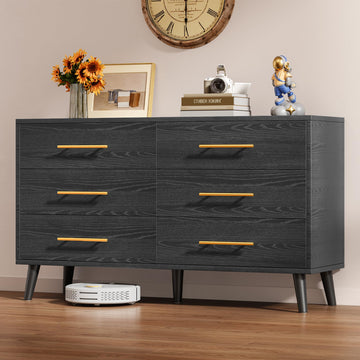 6 Drawer Dresser, Wood Chest with Metal Handles, Black