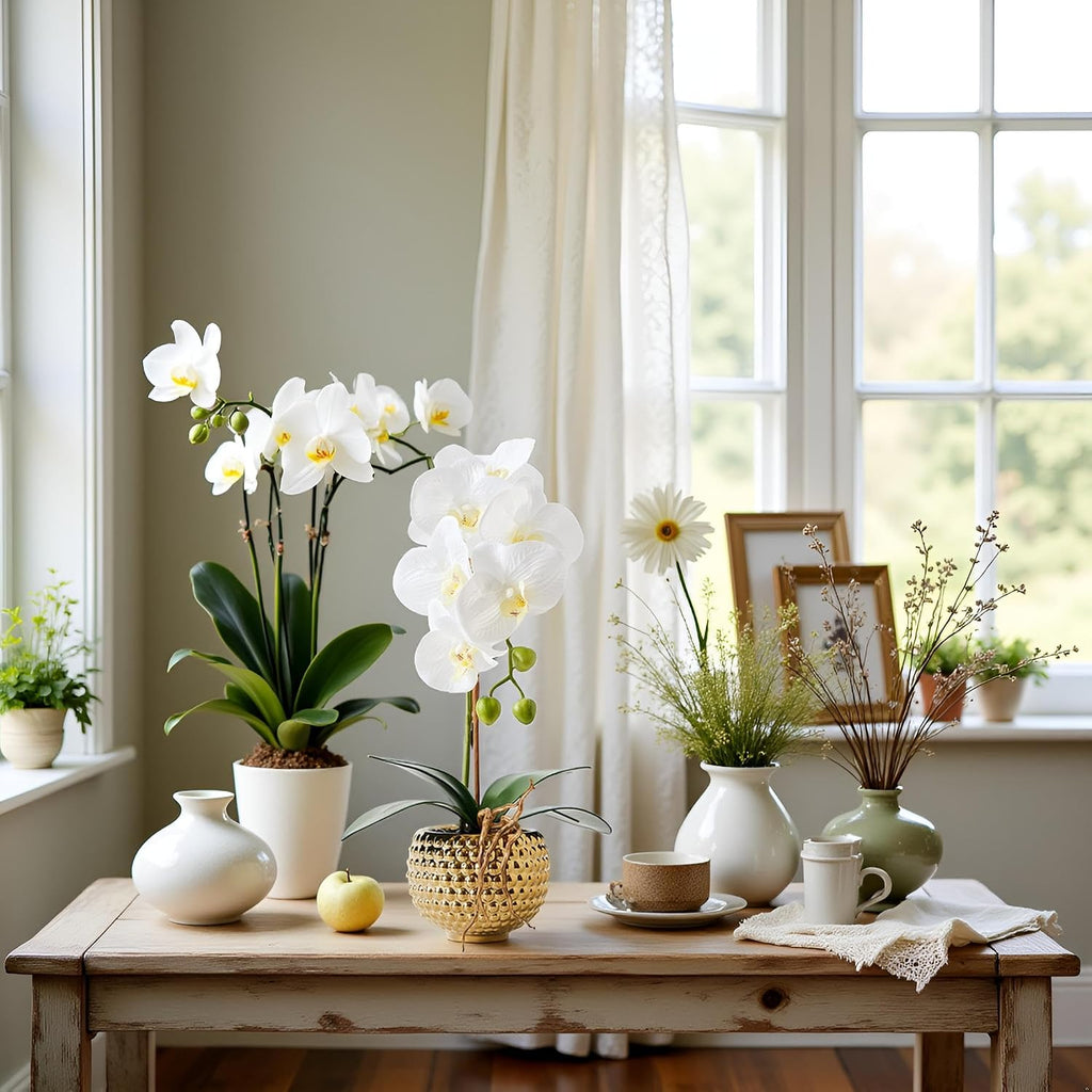 Orchids Artificial Flowers, 15" Faux Orchid in Gold Flower Pot Real Touch Flowers in Pot Large Flower Arrangements - Set of 6