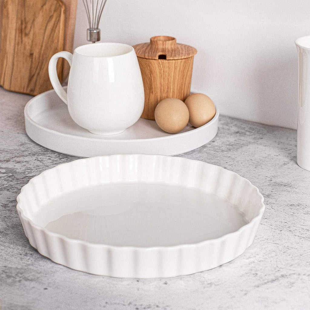 9.5 Inch Ceramic Tart Pan Set of 2 - Porcelain Quiche Baking Dish with Fluted Edge, Round Pie Pan for Chicken Pot