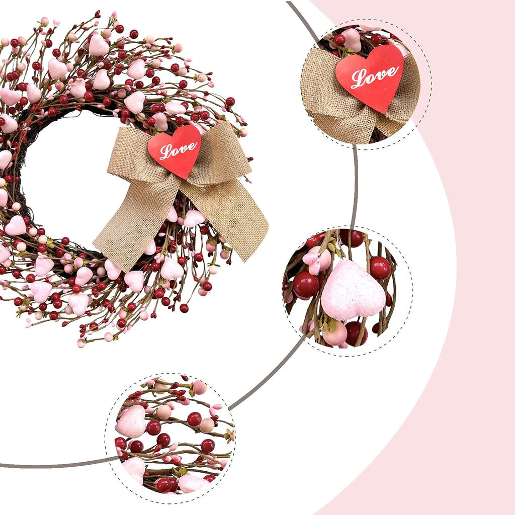 18" Artificial Valentine's Wreath, Pink and Red Heart Berry Wreath for Front Door Wall Party Wedding Decorations