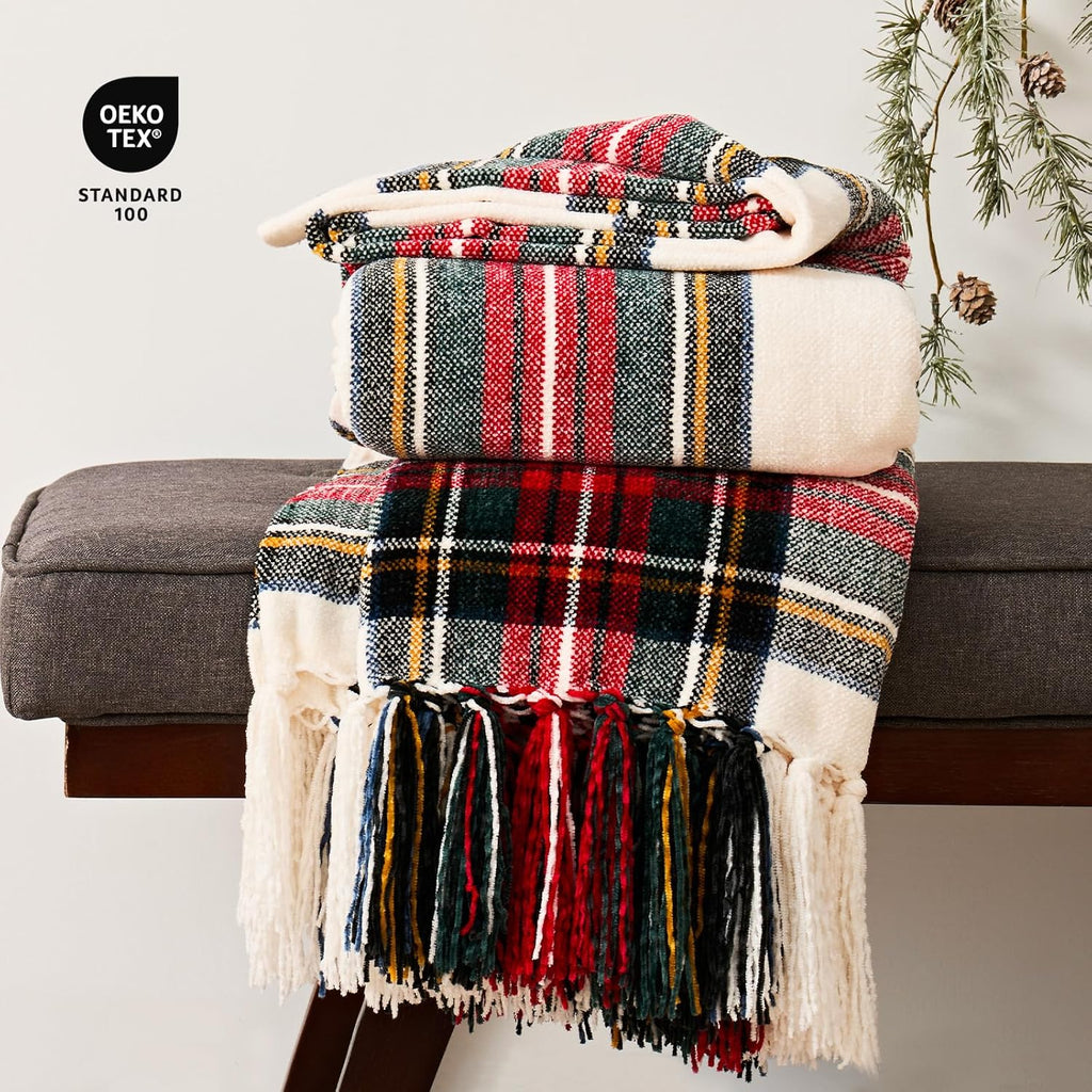 Chenille Christmas Throw Blanket, 50"x60", White Stewart Plaid