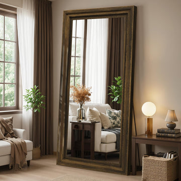 Wood Full Length Mirror 76"x34", Large Solid Wood Frame Floor Mirror