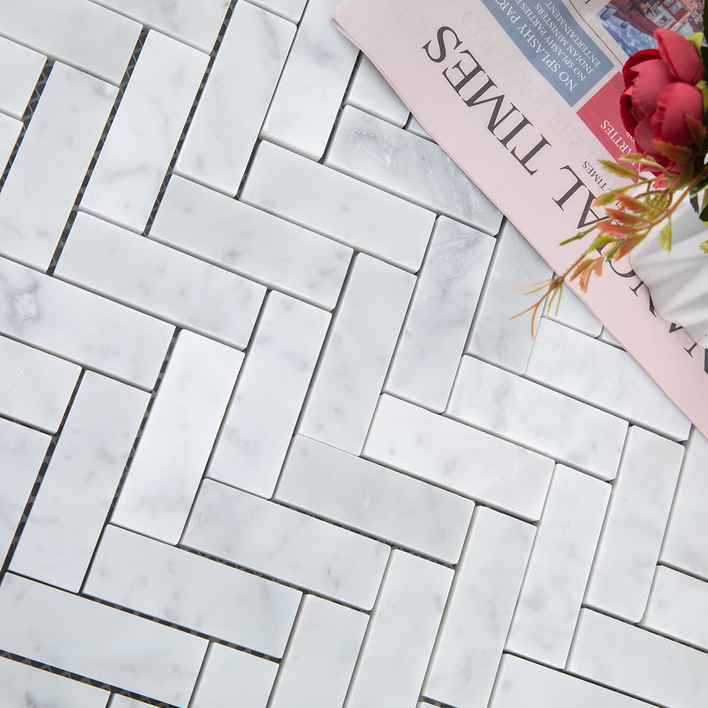 Carrara White Marble Mosaic Tile, Polished Herringbone Italian Bianco Marble Tile for Shower Kitchen Wall Bathroom