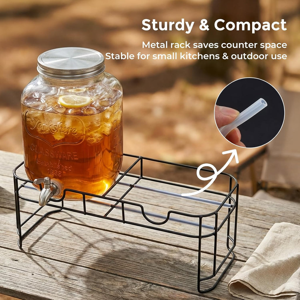 Gallon Glass Drinks For Parties With Stand.Stainless Steel Spigots & Metal Stand,Large Capacity Beverage Dispenser - Set of 2