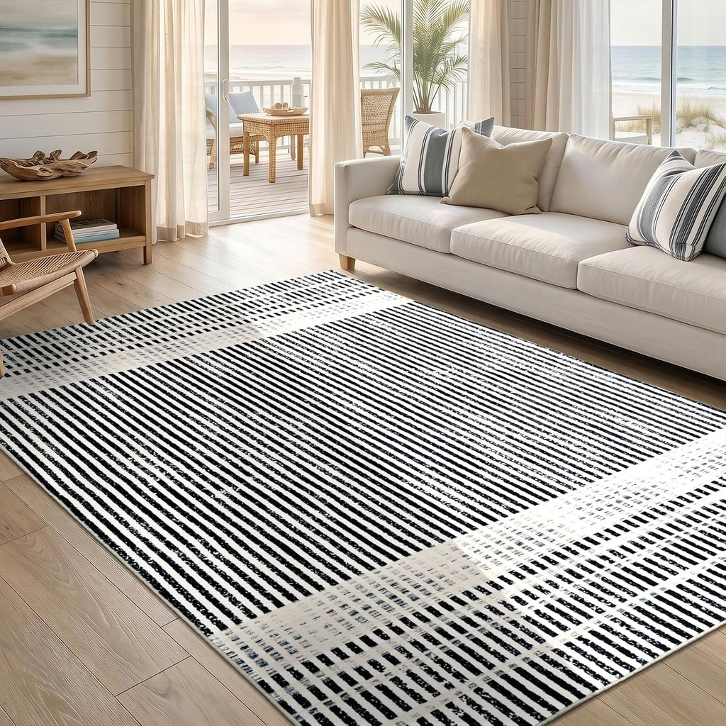 Washable Modern Striped Area Rug, Abstract Living Room Rug