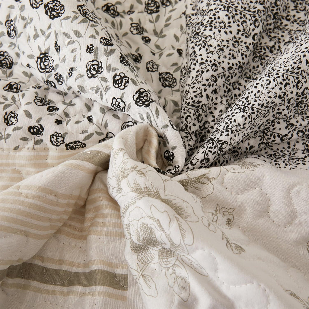 Summer Floral Quilt Set, Grey Patchwork Quilts, Reversible Quilted Bedspread with 2 Shams, Vintage