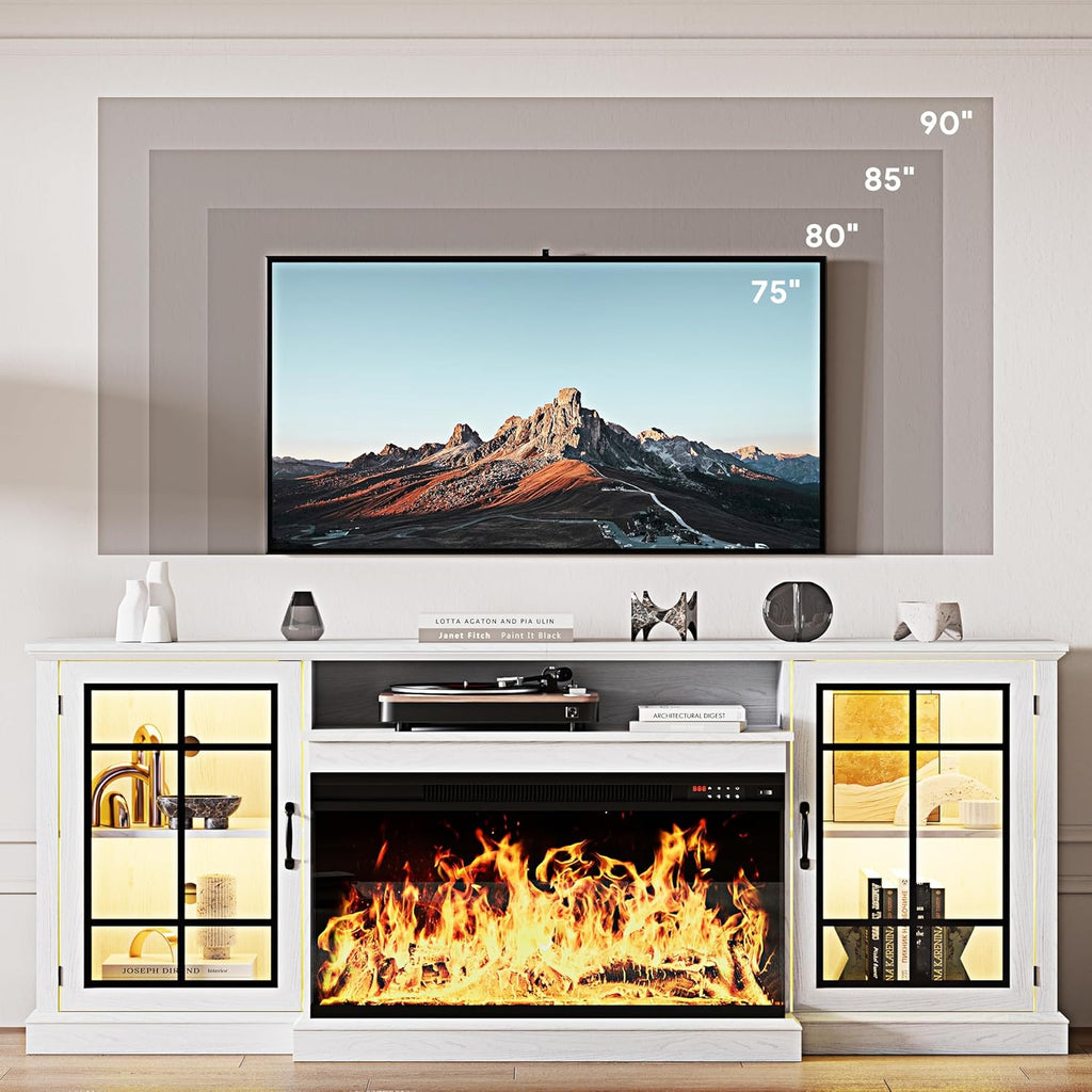 80'' Fireplace TV Stand, Farmhouse Entertainment Center with 3 Sided Glass TV Stand, Modern Media Console Table with