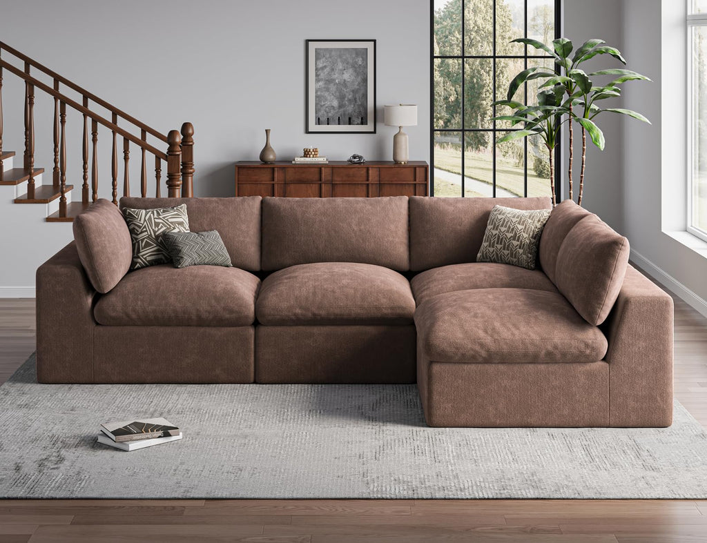 120" Cloud Sectional Couch | Oversize Boneless Couches | 4 Seater L-Shape Sofa | Brown