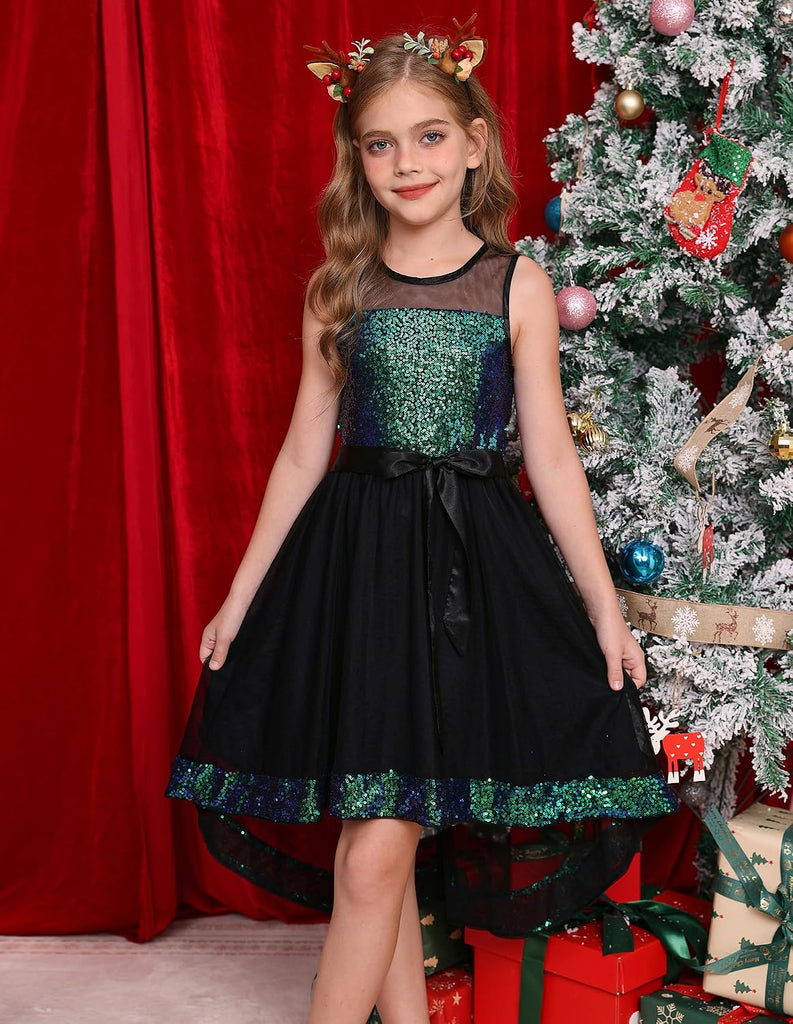 Girls Sequin Party Formal Dress Wedding Guest Sparkle Fancy Birthday Tulle High Low Prom Dresses