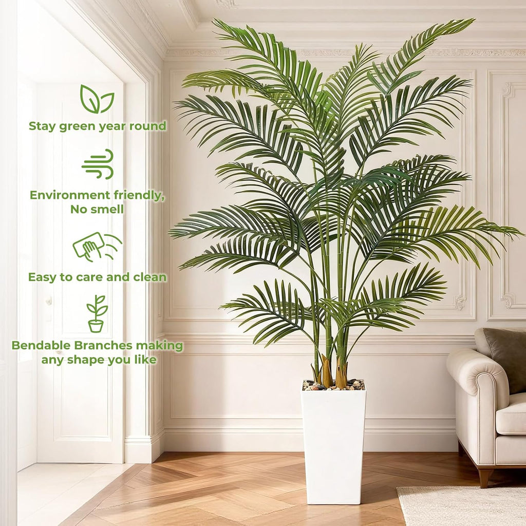 Artificial Palm Trees with Lifelike Natural Trunk, Leaves and Pebbles, 5FT Tall Fake Palm Tree with White Tall