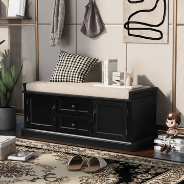 Rustic Wood Shoe Storage Bench with 2 Drawers and 2 Cabinets Hallway Front Door Black