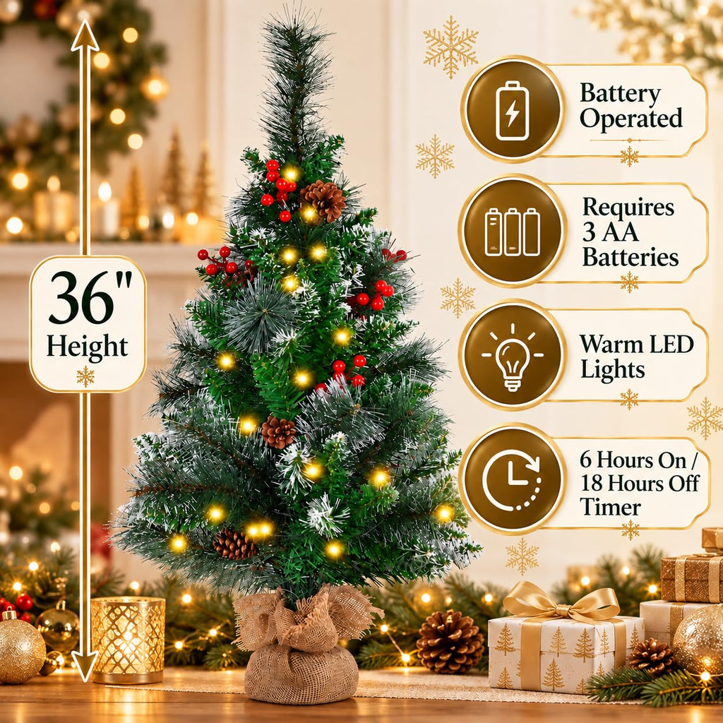 3 FT Mini Christmas Tree, 36" Prelit Small Artificial Tabletop Flocked Christmas Trees Decor with 50 Lights Timer