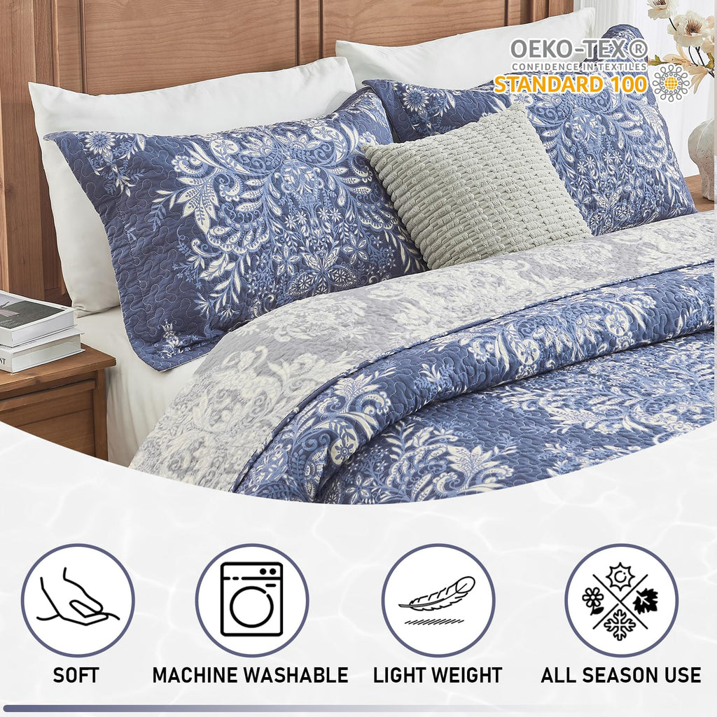 100% Cotton Quilt Set, Vintage Damask Floral, Insignia Blue