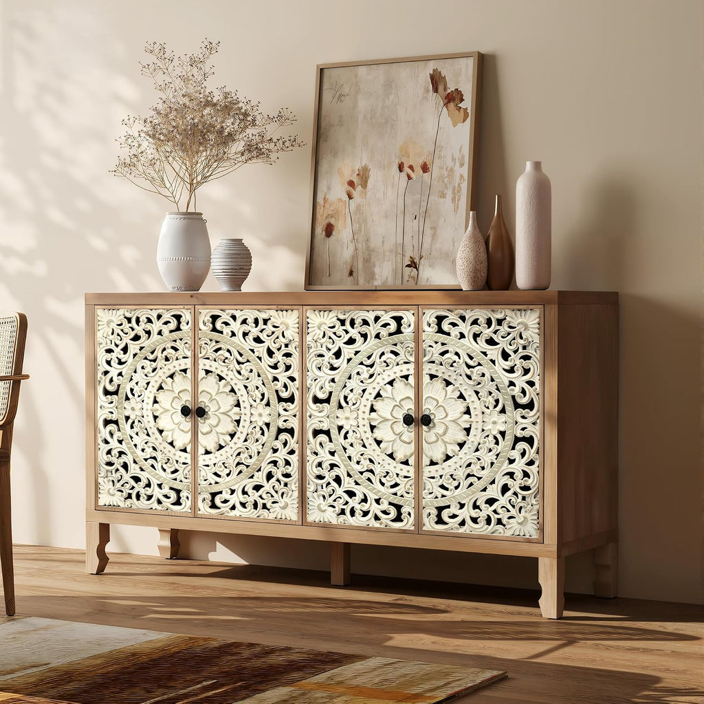 59" Solid Wood Buffet Cabinet, Accent Cabinet with 4 Carved Doors | Vintage Sideboard with Adjustable Shelf, Wooden