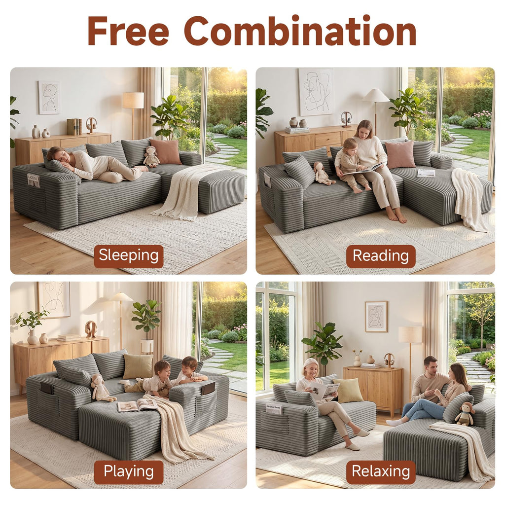 Couch ≈105inch, L-Shaped Sofa, Boneless Couch, with Chaise (Khaki)