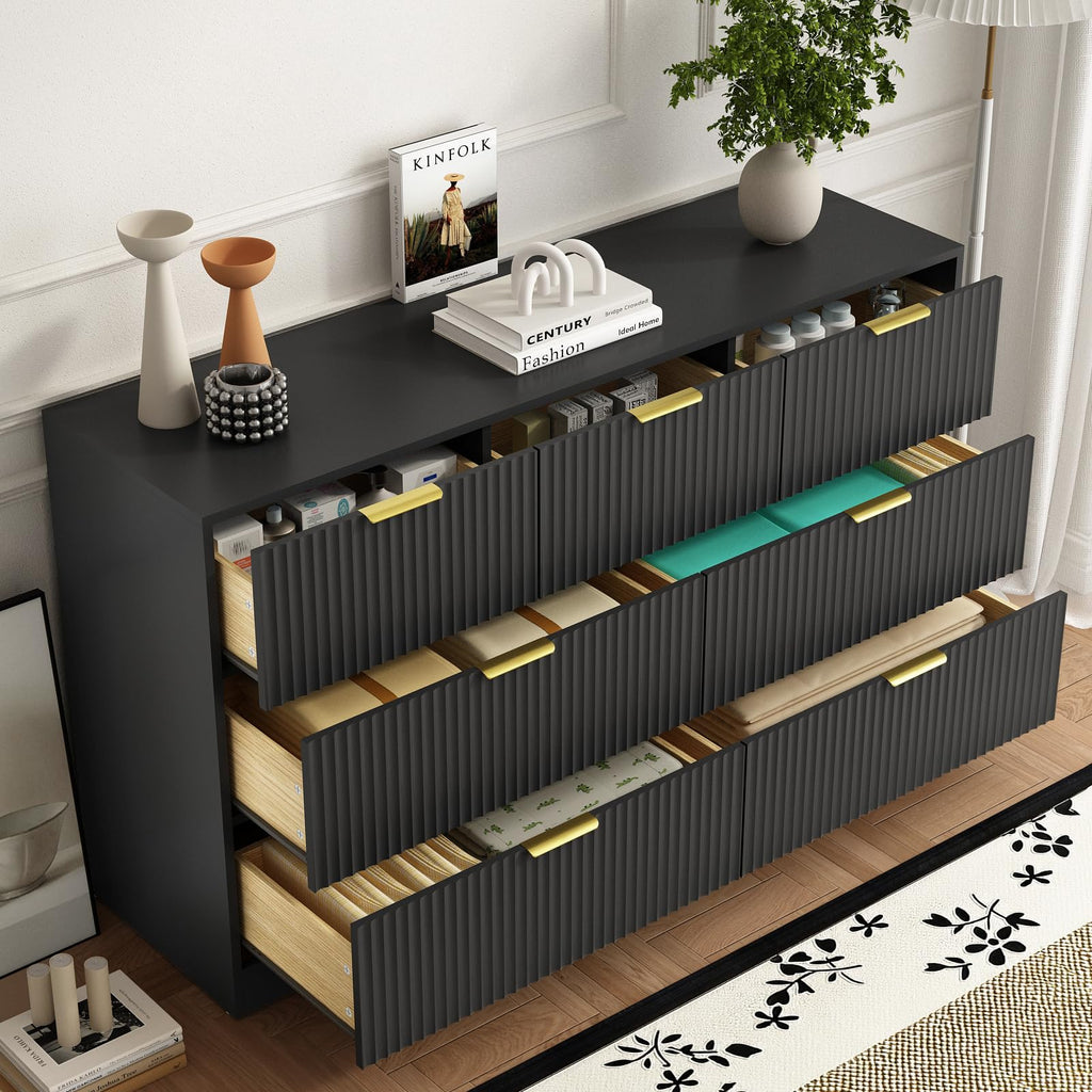 7 Drawer Fluted Dresser with Deep Drawers, Black丨55 Wide Mid Century Dresser, Modern Chest of Drawers, Wood TV Stand