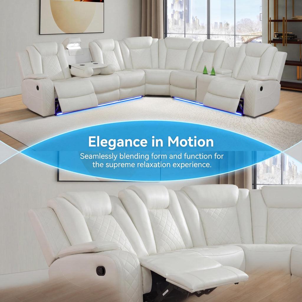 Power Reclining Sectional Sofa, L‐Shape Faux Leather Recliner Couch with LED Ambient Light, Cup Holders, USB Charging