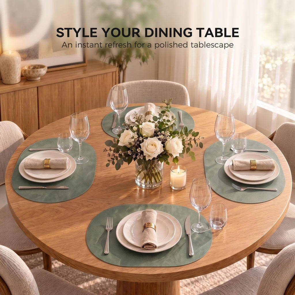 Oval Placemats Set of 6, Reversible Vinyl Faux Leather Wipeable Table Mats