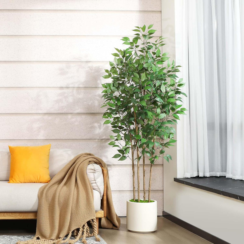 Ficus Artificial Tree 6ft Fake Silk Plant Decor Indoor, Faux Floor Tree in White Imitation Ceramic Planter with Green