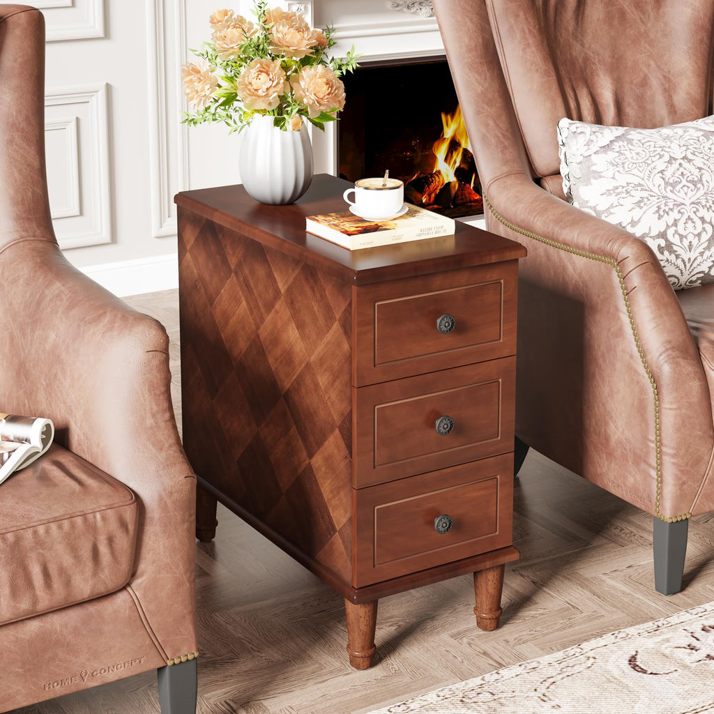 Solid Wood End Table, Fully Assembled Side Table with Drawers