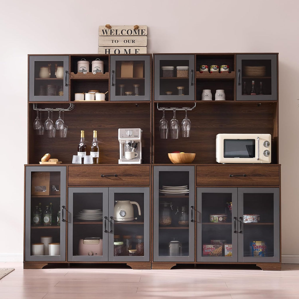 71" Tall Pantry Cabinet with Glass Doors, Kitchen Hutch Storage Cabinet, Coffee Bar & Liquor Cabinet with Charging