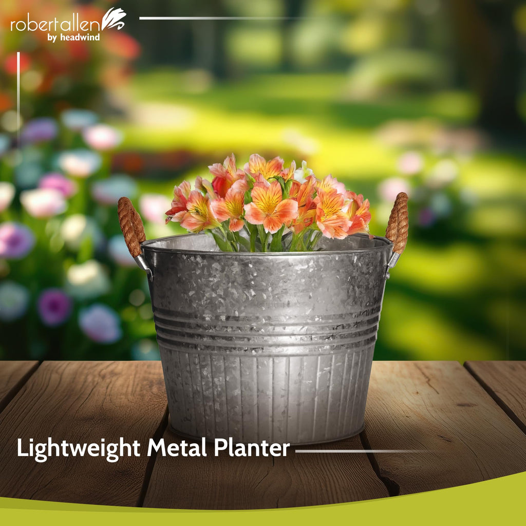 Decorative Planter - Round Galvanized Bucket w/Rope Handles - 12 Inch Metal Tub Bucket Planter for Outdoor Plants