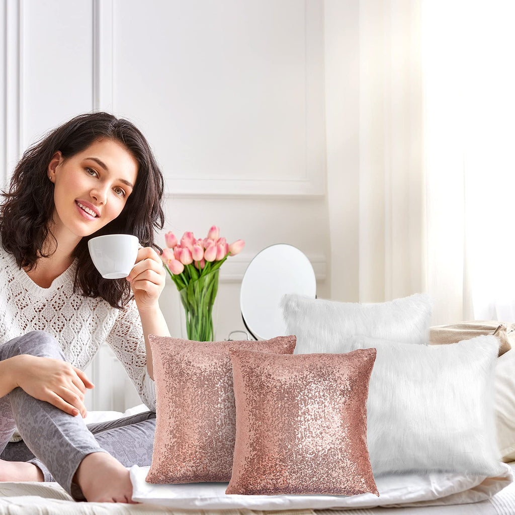 4 Pcs Sequin Fluffy Pillow, Rose Gold, White, 18 x 18 Inch