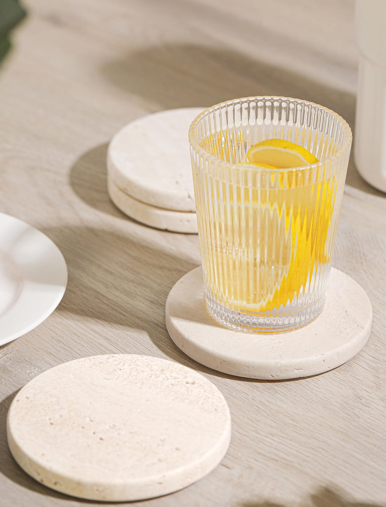 White Travertine Coasters - Set of 4 Round 4" Diameter Drink Marble Coasters warming Gift, Anniversary, Office