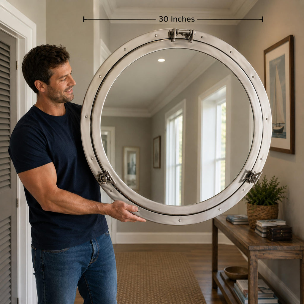 Metal Crafted Nickel Plated Aluminum Porthole Bathroom Decor Mirror (30 Inches)