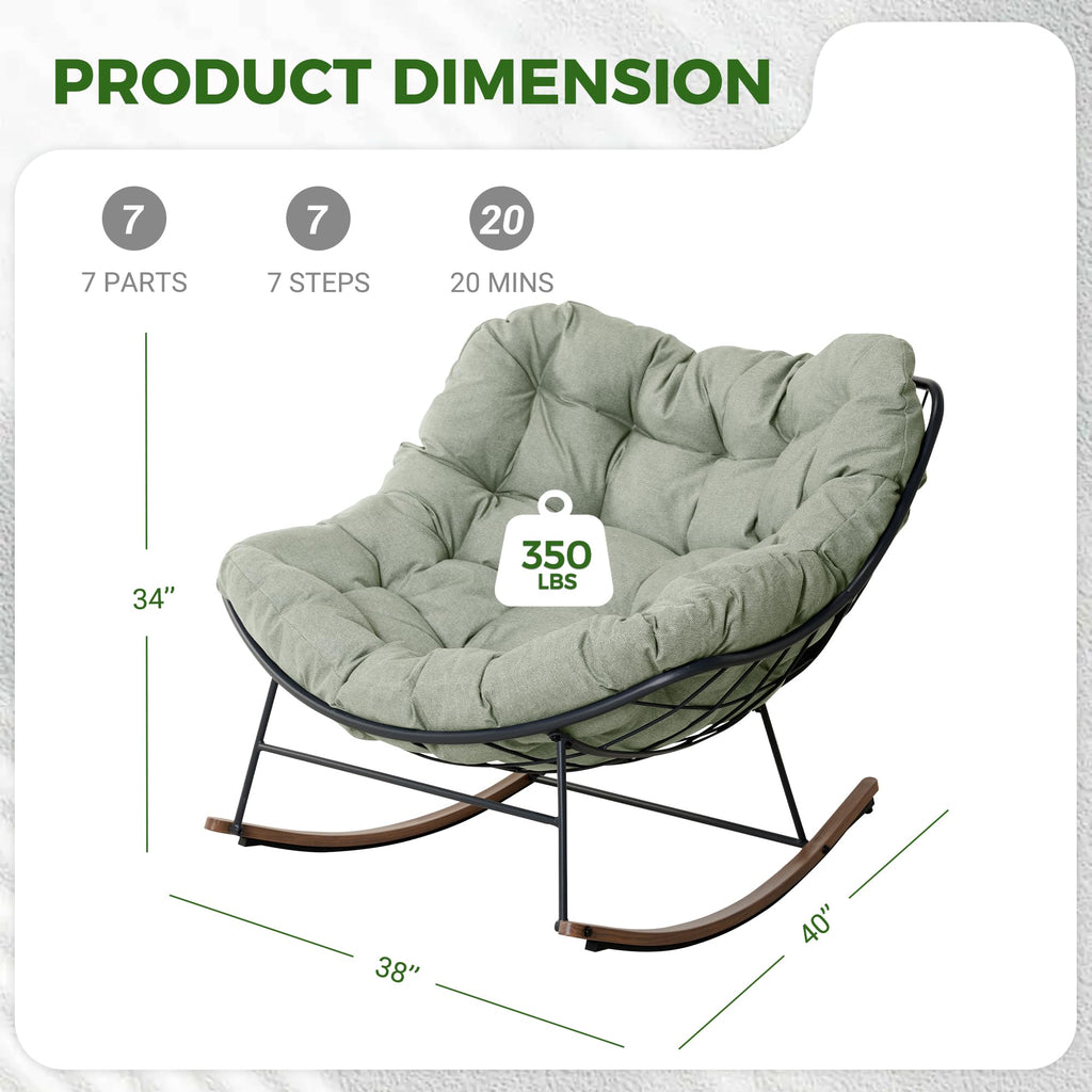 Outdoor Papasan Rocking Chair with Thick Cushion, Sage Green