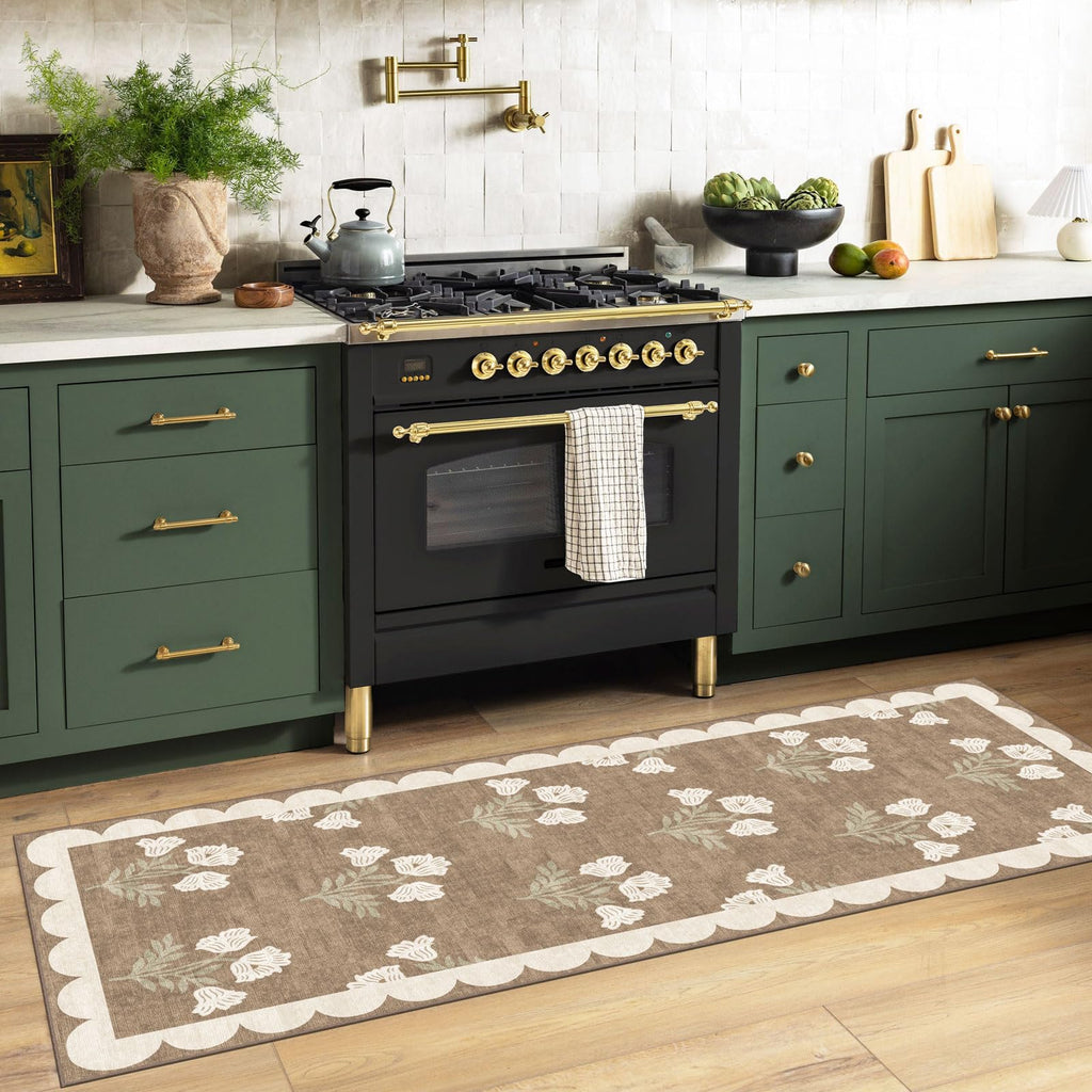 Non Slip Washable Kitchen Runner Rug - Tan Floral Hallway Runner Rugs Soft Boho Runners s Vintage Farmhouse