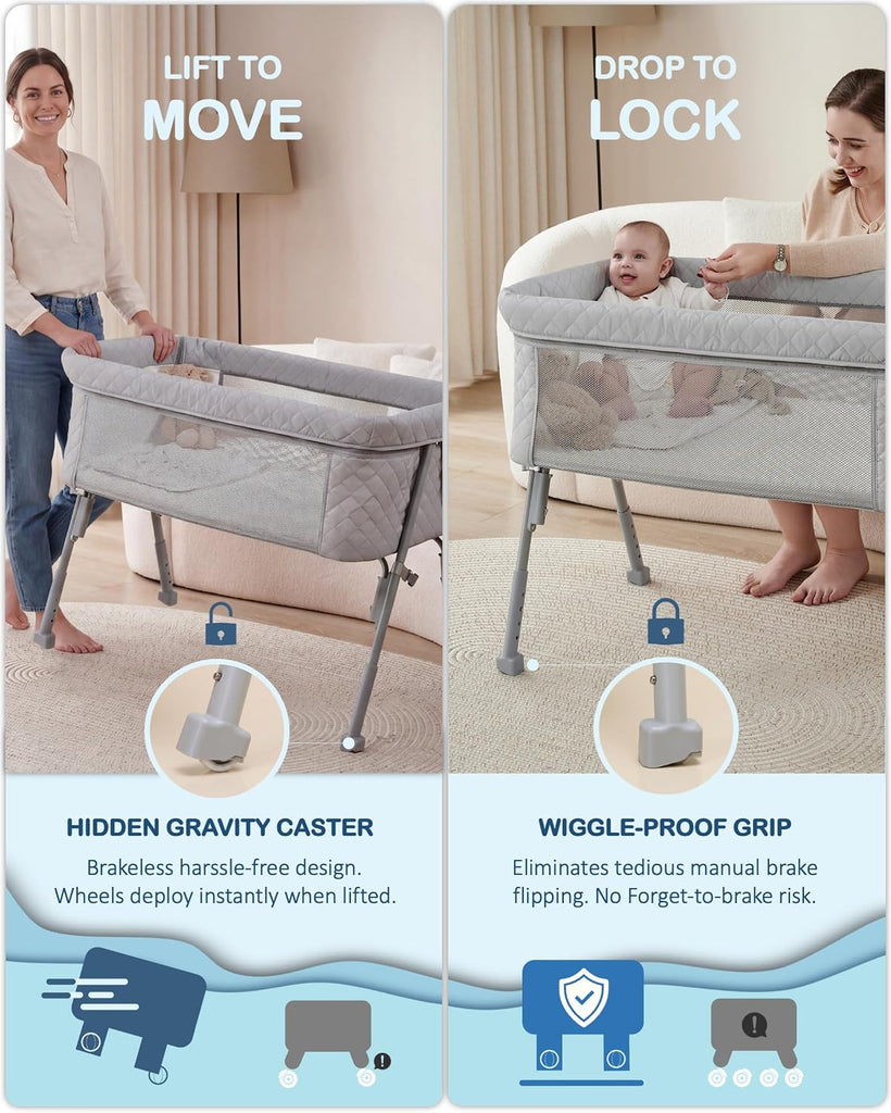 Bassinet Bedside Sleeper for Baby, 2 in 1 Baby Crib for Newborn, Bedside Bassinet with 4 Auto-Lock Wheels &
