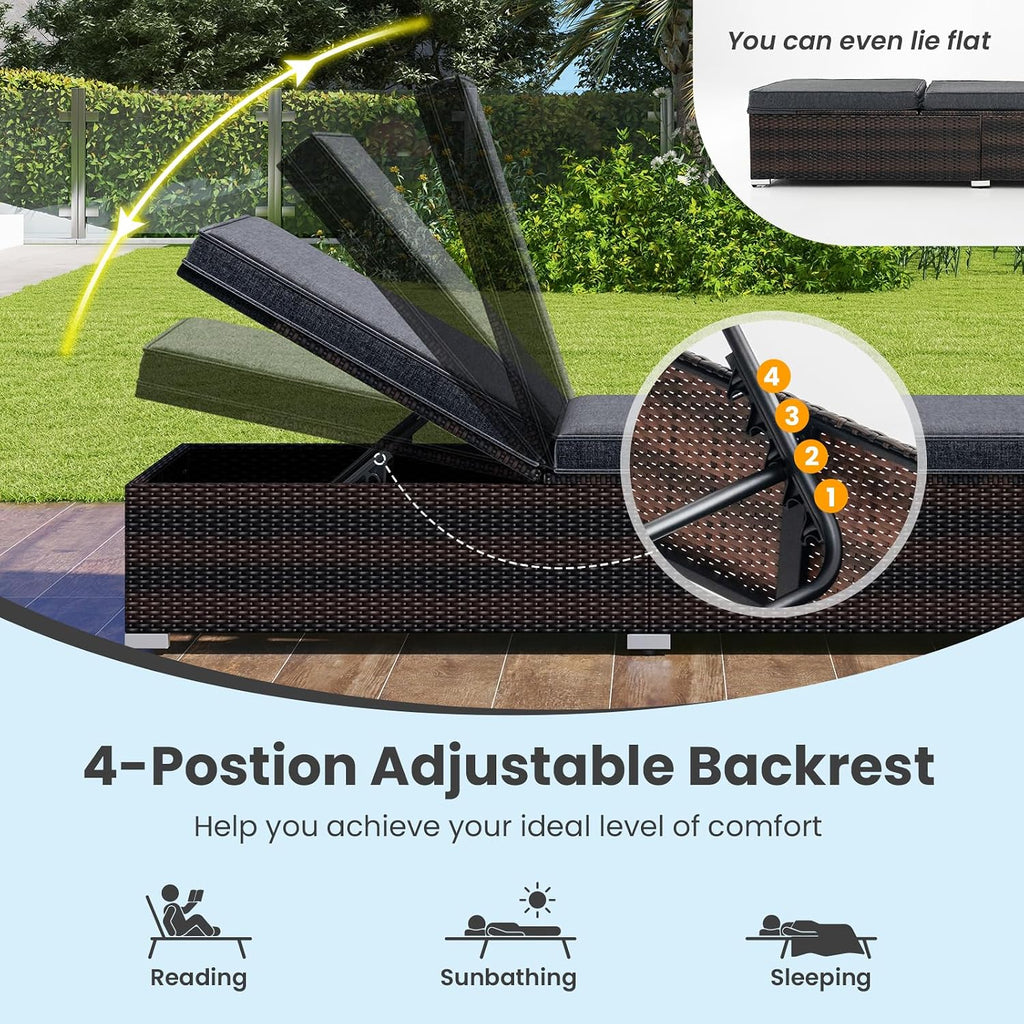 Outdoor Chaise Lounge, Patio Wicker Lounge Chair w/ 4-Level Backrest, Heavy-Duty Metal Frame, Outside Rattan