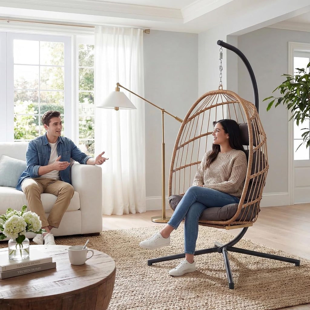 Hanging Egg Chair with Stand & Footrest | Hammock Egg Chairs with Footrest and UV Resistant Cushion for Indoor