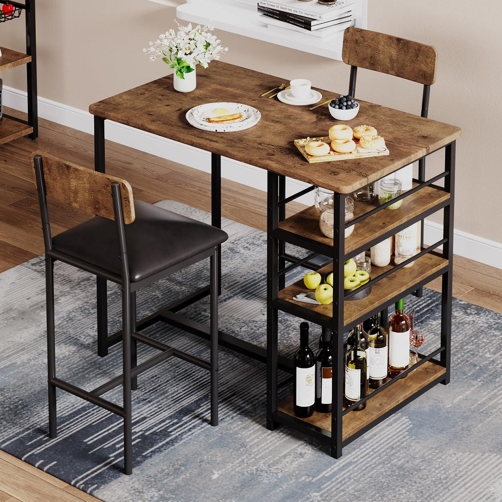 Dining Table Set for 2 with 3 Storage Shelves, 3-Piece Counter Height Kitchen Table Set with 2 Upholstered Bar