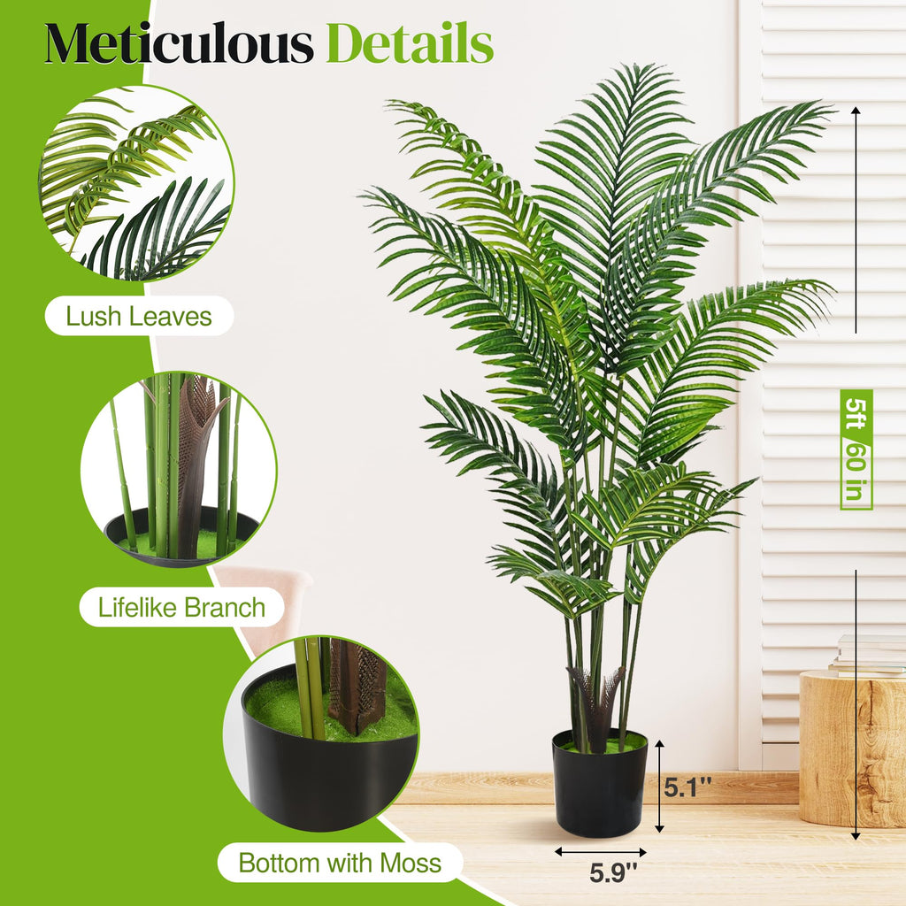 5ft Artificial Palm Tree, 2 Pack Artificial Plants Indoor Living Room, Tall Fake Trees Tropical Areca Floor Plant