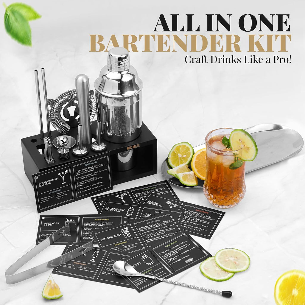 Mixology Bartender Kit with Stand - Bar Tool Set, Silver Bar Set Cocktail Shaker Set for Drink Mixing - Set of 15