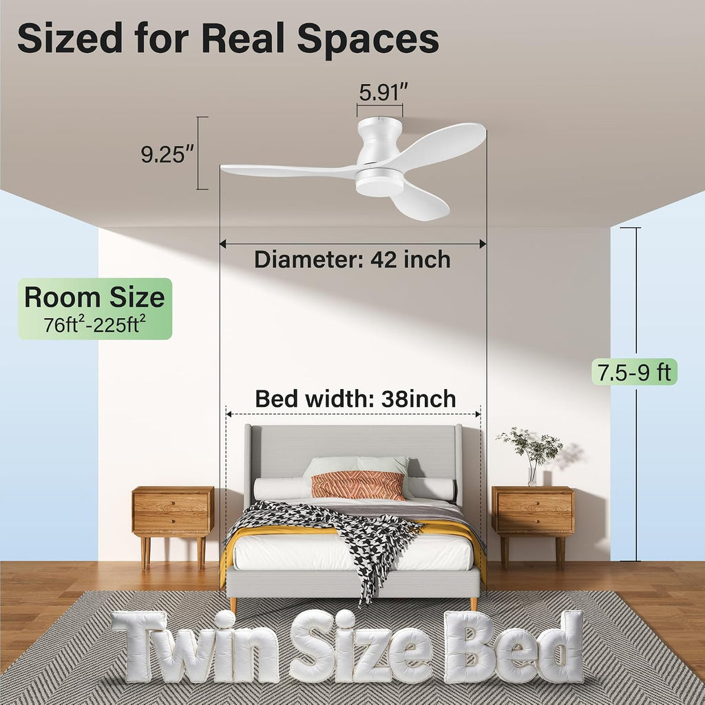 42 Inch Smart Flush Mount Ceiling Fan with Light and Remote - Low Profile, 3 Solid Wood Blades, Dimmable LED, Works with Alexa & Google - White